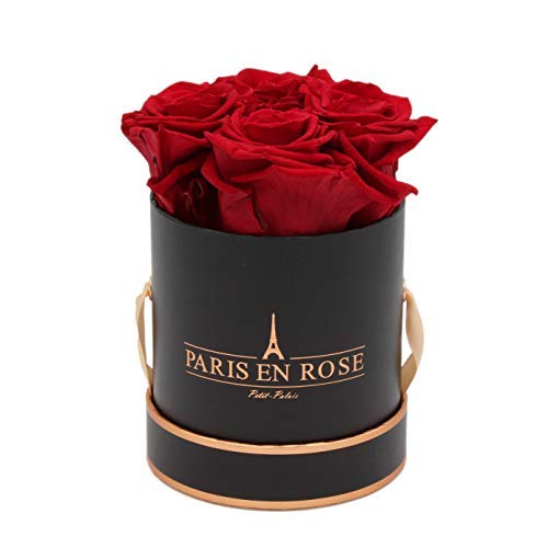 Caja de Rosas con 4 Flores conservadas de Paris en Rose, Color Negro y Oro Rosa con Rosas de Infinito Rojo Burdeos.