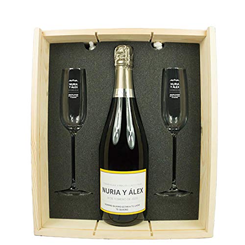 Calledelregalo Regalo Personalizado para Parejas: Kit con Botella de champán +2 Copas de Cava en Caja de Madera, Todo ello Personalizable con Nombres, Fecha y dedicatoria