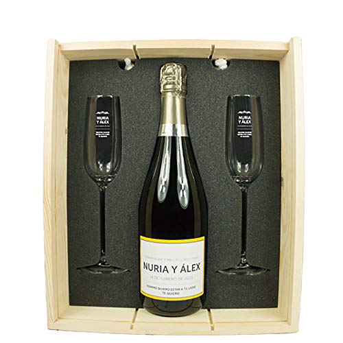 Calledelregalo Regalo Personalizado para Parejas: Kit con Botella de champán +2 Copas de Cava en Caja de Madera, Todo ello Personalizable con Nombres, Fecha y dedicatoria