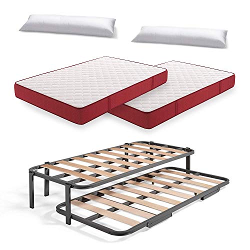 Cama Nido Metálica Reforzada con 6 Patas + 2 Colchones Viscoelásticos Viscoplus 15 + 2 Almohadas de Fibra Tacto Pluma, 90x190 cm