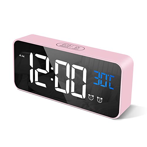 CHEREEKI Reloj Despertador Digital, Despertador Alarma Dual Digital Alarm Clock con Temperatura, 4 Brillo Ajustable Función Snooze, Puerto de Carga USB, 12/24 Horas, 13 música (Rosado)