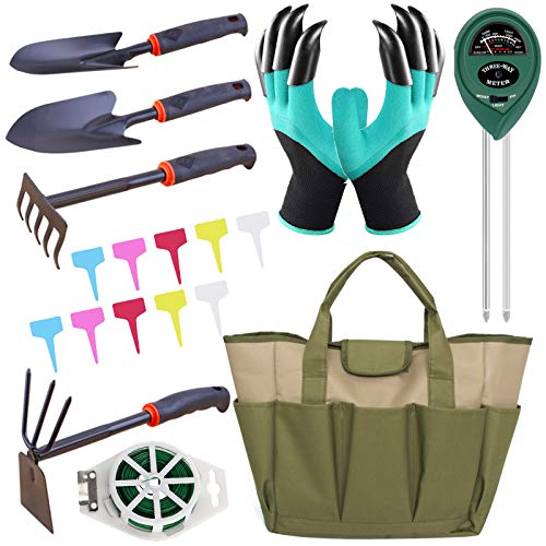 Chomang Juego de herramientas de jardín – Juego de herramientas de jardín inoxidables con rastrillo, pala, guantes de jardinería y bolsa de transporte de 9 piezas