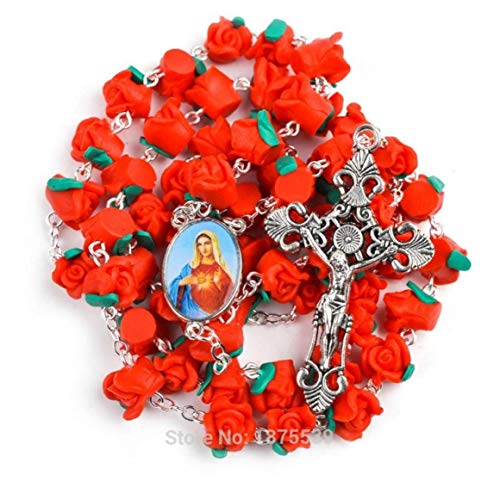 Collar Cruz de la Flor Rosada roja del Rosario de Fátima Polímero Cuenta del Rosario para Mujeres Regalos para Mujeres