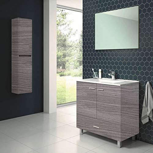 Conjunto de Mueble de baño con Patas y Lavabo de Porcelana y Espejo - 2 Puertas y 1 Cajón amortiguado - El Mueble va MONTADO - Modelo RAKI (80 cms, Estepa)