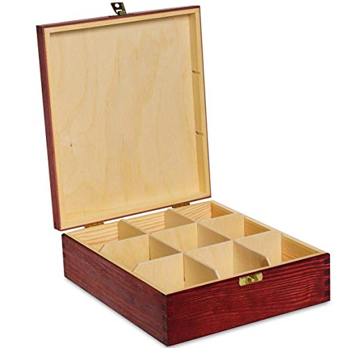 Creative Deco Roja Caja para Té en Bolsitas Madera | 9 Compartimentos | 23,5 x 20,5 x 7,5 cm | Varias Medidas Disponibles | con Tapa y Cerradura | Ideal para Decoupage, Decoración y Almacenaje