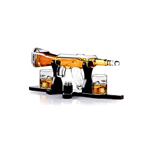 Decantador de vino de cristal hecho a mano, Conjunto de decantores de armas de whisky + 4 gafas de bala de whisky en pistola en forma de madera rica madera clásica de la baúl de caoba con bala de esca