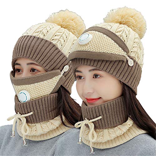 ECOSWAY 3 unid/set mujer invierno bufanda conjunto con filtro grueso punto sombrero bufanda cara cubierta al aire libre