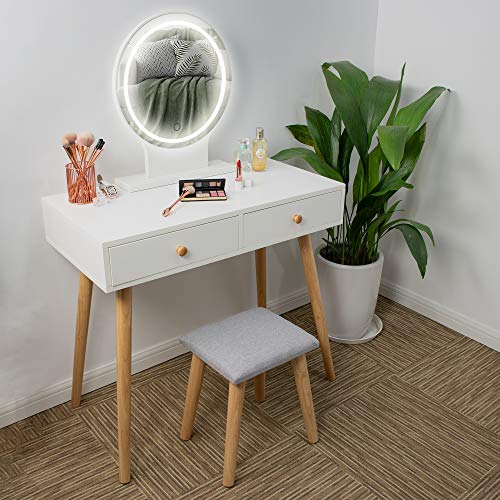 Ezigoo Conjunto de tocador con Espejo de Luces LED - Mesa Blanca de Maquillaje con 2 cajones, Taburete Acolchado y Espejo de luminosidad Ajustable para el Cuarto de Maquillaje Ezigoo Conjunto de tocador con Espejo de Luces LED - Mesa Blanca de Maquillaje con 2 cajones, Taburete Acolchado y Espejo de luminosidad Ajustable para el Cuarto de Maquillaje