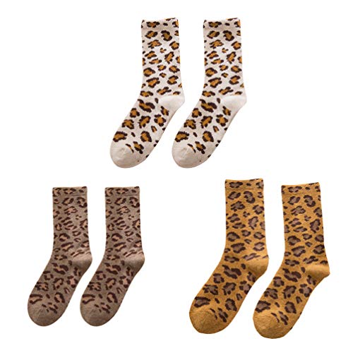 FENICAL calcetines de la tripulación de leopardo calcetines de tubo medio calcetines de lana cálidos para niñas mujeres damas 3 pares