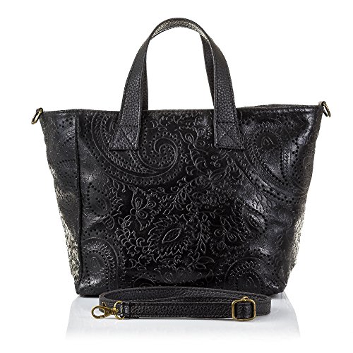 FIRENZE ARTEGIANI. Cassandra Bolso Tote Mujer.Piel auténtica Gamuza Grabado Arabesco .Made in Italy. Vera Pelle Italiana.32x14x23 cm. Color: Negro