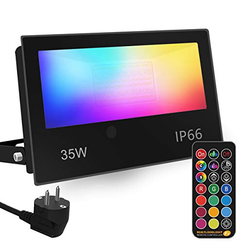 Foco LED RGB Exterior, cambio de color 35W, modo estroboscópico personalizado para bricolaje, RGB 12 colores, temporización, control remoto incluido, IP66 a prueba de agua Foco LED RGB Exterior, cambio de color 35W, modo estroboscópico personalizado para bricolaje, RGB 12 colores, temporización, control remoto incluido, IP66 a prueba de agua