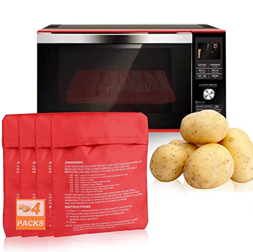 Funmo 4 Pcs Bolsa para Patatas, Bolsa de Papa para Microondas, Microondas Olla Bolsa cocer Patatas Lavable Reutilizable Bolsa Patatas Solo (Rojo)