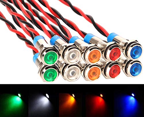 Gebildet 10Pcs 6 mm 1/4"220 V LED luz Indicadora de Metal Lámpara de Señal Impermeable (Verde Naranja Rojo Azul Blanco 10Pcs)