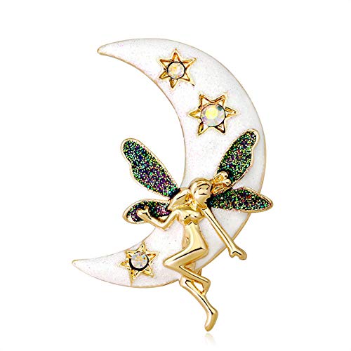 Generic Broche de cristal con forma de luna y estrellas para mujer, color dorado antiguo, metal esmaltado, figura de ángel, alas de hada, alas, pins, joya para bufanda Hijab