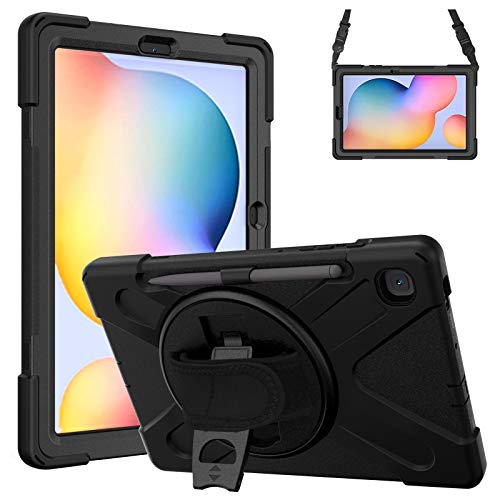 Gerutek Funda Anticaída para Samsung Galaxy Tab S6 Lite 10.4" (SM-P610/SM-P615), Carcasa Rugosa con Soporte Rotación, Correa de Mano/Hombro, Funda Antichoque para Samsung Tab S6 Lite 10.4", Negro