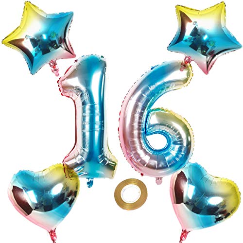 Globos con el número 16 con el número 16, arco iris, 16 números, 80 cm, XL, para niña, niño, hinchables, forma de corazón, helio, estrella, cumpleaños, fiesta, decoración