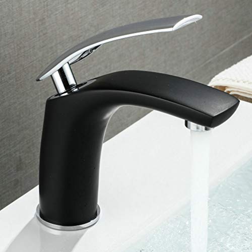 Grifo mezclador para lavabo moderno Acabado en negro Manija cromada Unos golpecitos para baño Grifo para lavamanos de 1 orificio de montaje elegante Leekayer Grifo mezclador para lavabo moderno Acabado en negro Manija cromada Unos golpecitos para baño Grifo para lavamanos de 1 orificio de montaje elegante Leekayer