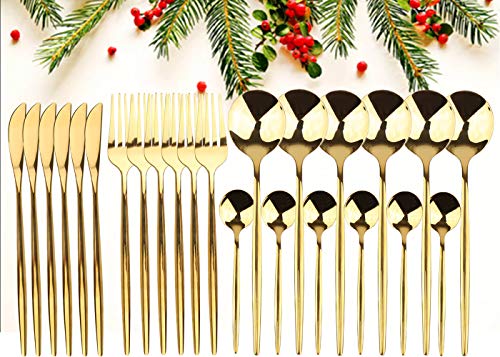 GUANGE Juego de cubiertos de 24 piezas, juegos de cubiertos de acero inoxidable, juego de cucharas y tenedores, servicio para 6, cubiertos con espejo, tenedores y cucharas, cubiertos dorados GUANGE Juego de cubiertos de 24 piezas, juegos de cubiertos de acero inoxidable, juego de cucharas y tenedores, servicio para 6, cubiertos con espejo, tenedores y cucharas, cubiertos dorados