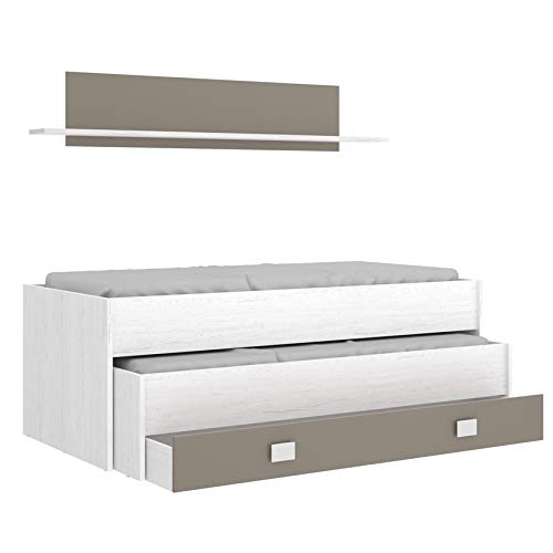 HABITMOBEL Cama Nido Juvenil con Cajon + Estante Superior Acabado Artic y Color Taupe (COLCHONES Y SOMIERES INCLUIDOS) HABITMOBEL Cama Nido Juvenil con Cajon + Estante Superior Acabado Artic y Color Taupe (COLCHONES Y SOMIERES INCLUIDOS)