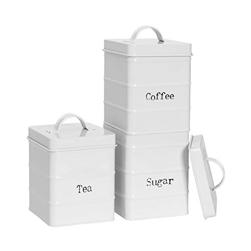 Harbour Housewares 3 Piezas de té café y azúcar de la Vendimia de Almacenamiento Botes - Sello hermético Metal Square Jar - Blanco Mate