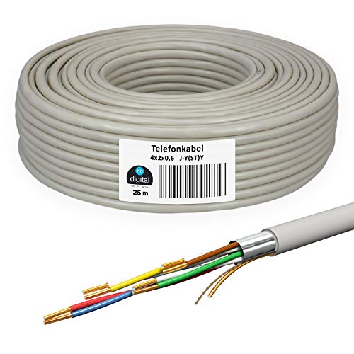 HB-DIGITAL 25 m de cable telefónico 4 x 2 x 0,6 J-Y(ST) Y cable de instalación JYSTY 8 cables telefónicos