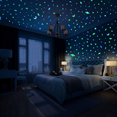 Hiveseen 490 Pcs Estrellas Fluorescentes, 3 Colores Luminoso Pegatinas de Pared Contiene Luna, Estrellas, Planeta, Meteorito, Puntos y Estrella de Anís para Dormitorio de Niños DIY Decoración