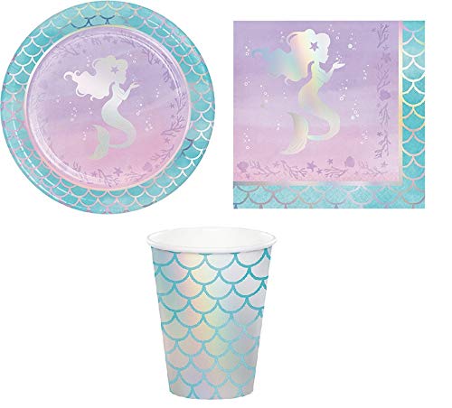 ILS I LOVE SHOPPING Juego de mesa para decoración de fiestas con diseño de sirena, juego con 8 platos de 23 cm, 8 vasos y 16 servilletas (Sirena)