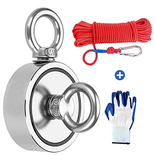 Imán de neodimio de doble cara con cordel de 20 m y un par de guantes, Fuerza de tracción combinada de 420 KG,75 mm de diámetro,para pesca con imán y salvamento en el río Imán de neodimio de doble cara con cordel de 20 m y un par de guantes, Fuerza de tracción combinada de 420 KG,75 mm de diámetro,para pesca con imán y salvamento en el río