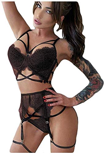 ITVIP Conjunto de lencería sexy para mujer, de encaje y liguero, con tiras, sujetador con escote en V, bralette y medias S Negro ITVIP Conjunto de lencería sexy para mujer, de encaje y liguero, con tiras, sujetador con escote en V, bralette y medias S Negro