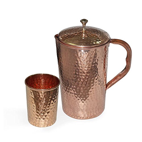 Jarra india de cobre puro con 1 vaso de vaso fijado para la curación ayurvédica, capacidad 1,6 litros