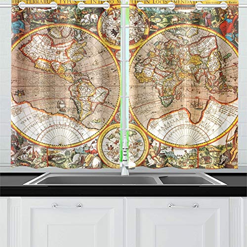 JOCHUAN Antiguo Mapa del Mundo del Siglo XVII Macro Cocina Cortinas Cortinas de Ventana Niveles para café, baño, lavandería, Sala de Estar Dormitorio 26 x 39 Pulgadas 2 Piezas