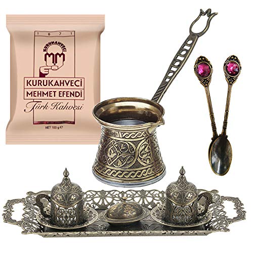 Juego de café árabe turco con diseño de bronce para servir, tazas de porcelana con bandeja grande, azucarero – Vintage plata grabada diseño bordado – Juego de regalo otomano árabe