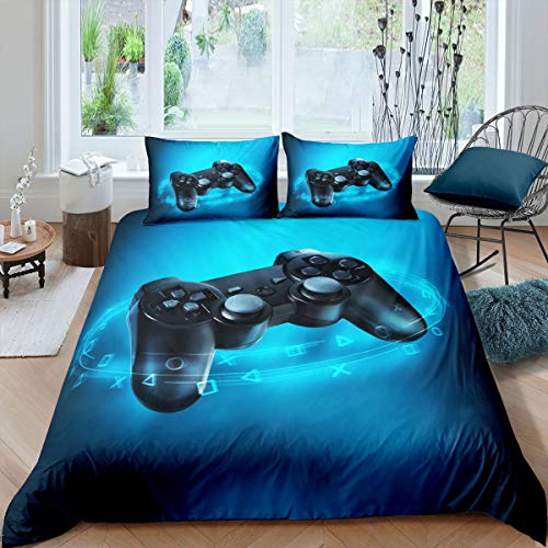 Juego de funda de edredón infantil Teens Gamepad, juego de cama de 155 x 220 cm, funda de edredón para dormitorio con 1 funda de almohada, color azul