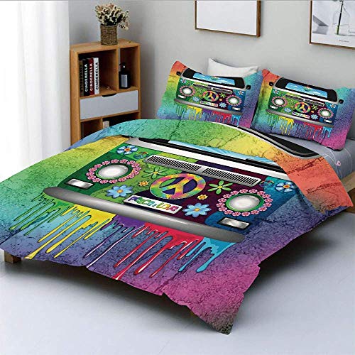 Juego de funda nórdica, Van hippie de estilo antiguo con pintura Rainbow Dripping Mid 60s Movimiento de revolución juvenil ThemeDecorative Juego de cama de 3 piezas con 2 fundas de almohada, Multi, el
