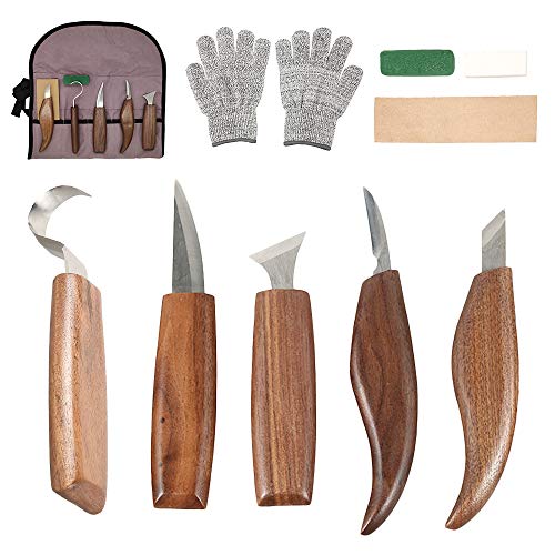 Juego de herramientas de tallado de madera con piedras de afilar, 10 piezas, profesional, para tallar madera, para principiantes y profesionales con guantes resistentes a los cortes