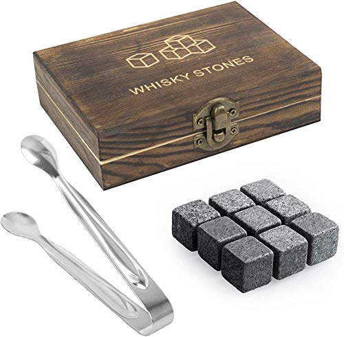 Juego de piedras de whisky de 9 granitos de whisky reutilizables con caja de madera – Juego de regalo para él, hombre, padre, marido, novio