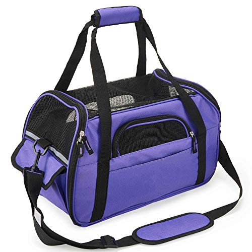 Kaka mall Transportín Perro Gato Transpirable Plegable Pet Carrier Impermeable Bolso de Hombro Acolchado Suave Viaje Avion Tren o Auto por Pequeños Mascota (Púrpura, L)