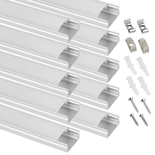 Kefflum Perfil LED de aluminio de 10 metros (10 x 1 m),en forma de U para tiras de luces LED,ancho de corte,con tapa en los extremos,clip de fijación,adecuado para tiras LED de hasta 12,5 mm
