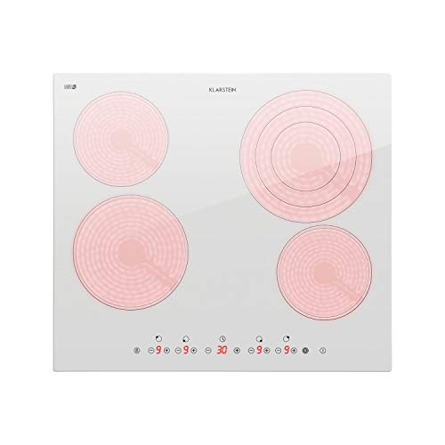 Klarstein Virtuosa 4 Prime - Placa vitrocerámica, acero inoxidable, panel de control táctil, temporizador, potencia ajustable 9 niveles, 59 x 52 cm, 4 zonas de cocción, 6500 vatios total, Blanco