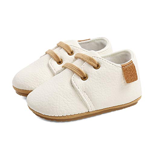 LACOFIA Zapatos Oxford con Cordones para Bebé Niños Zapatillas Primeros Pasos Antideslizantes para Bebés Blanco 12-18 Meses