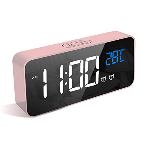 LATEC Reloj Despertador Digital, LED Pantalla Reloj Alarma Inteligente con Temperatura, Puerto de Carga USB, 12/24 Horas, 4 Brillo Ajustable, Función Snooze y Alarma de Espejo Portátil (Rosado)