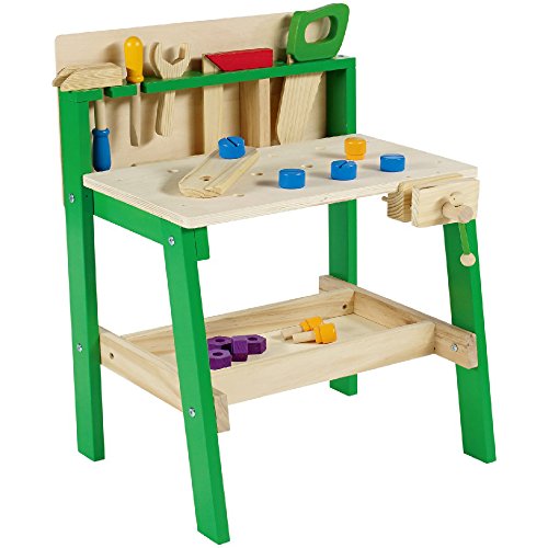 Leo & Emma - Banco de trabajo infantil con herramientas de madera lacada en verde, 30 piezas, banco de trabajo para niños de madera, banco de madera para niños – Fabricado y barnizado de alta calidad.