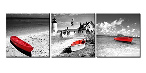 Lienzo Pintura blanco negro Histórico Barcos faros con rojo paisaje de playa en estilo vintage en Bristol Dot Coastal Maine Inglaterra 3 piezas Panel giclée
