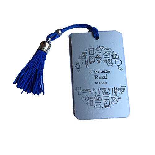 Lote 10 Marcapáginas metálico para comunión, grabado con simbolos y personalizado con nombre y fecha. (azul)