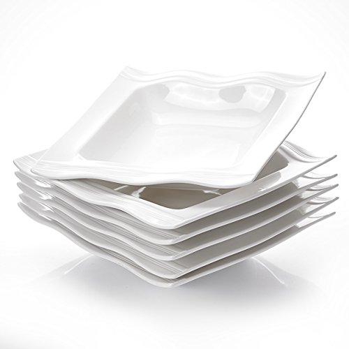 MALACASA, Serie Mario, 6 piezas plato de sopa de porcelana blanca crema 8,25 pulgadas 21x21x4,5 cm platos hondos para 6 personas