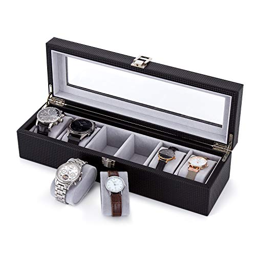 Meerveil Caja Reloj, 6 Relojes, Caja Reloj con Tapa de Cristal, Alfombrilla de Terciopelo, Cierre de Metal Plateado, 34.5 x 11 x 8.5cm, Cuero PU Negro, Forro Interior de Terciopelo Gris