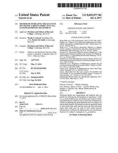 Method of increasing the quantity of colonic T regulatory cells via G-coupled protein receptor 43: United States Patent 9693977 (English Edition)