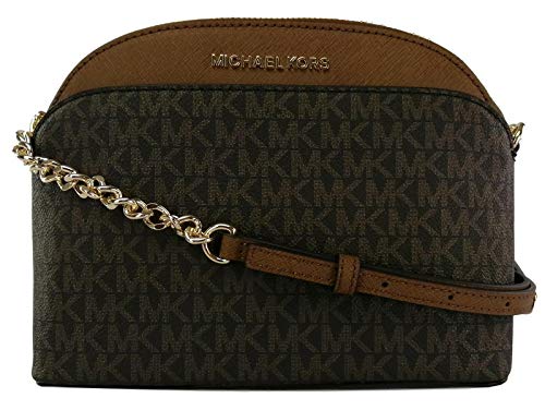 Michael Kors Bolso cruzado de PVC y cuero con logotipo de monograma de cadena pequeño bolso, color Marrón, talla Medium Michael Kors Bolso cruzado de PVC y cuero con logotipo de monograma de cadena pequeño bolso, color Marrón, talla Medium