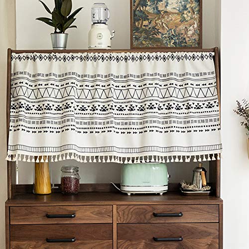 Michorinee Visillo corto, opaco, bohemio, algodón y lino, geométrico, corto, con borla, para cocina, baño, 143 x 60 cm, color blanco