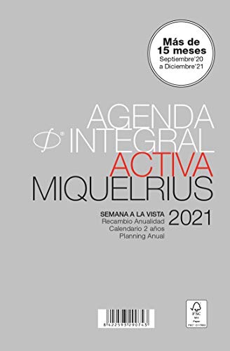 MIQUELRIUS - Recambio para agenda 2021-6 Anillas, Tamaño ACTIVA 117 x 182 mm, Semana a la Vista, Idioma Castellano